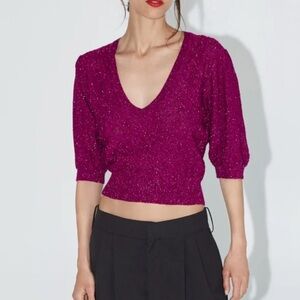 NWT ZARA Magenta Metallic Knit Italian Yarn Short Sleeve V-Neck Cropped Sweater